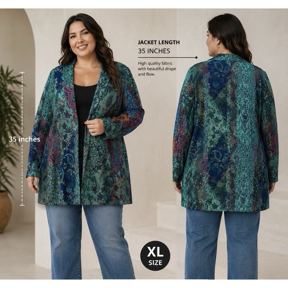 Susan Graver Paisley Liquid Knit Jacket Duster Shawl Collar Long Sleeve XL